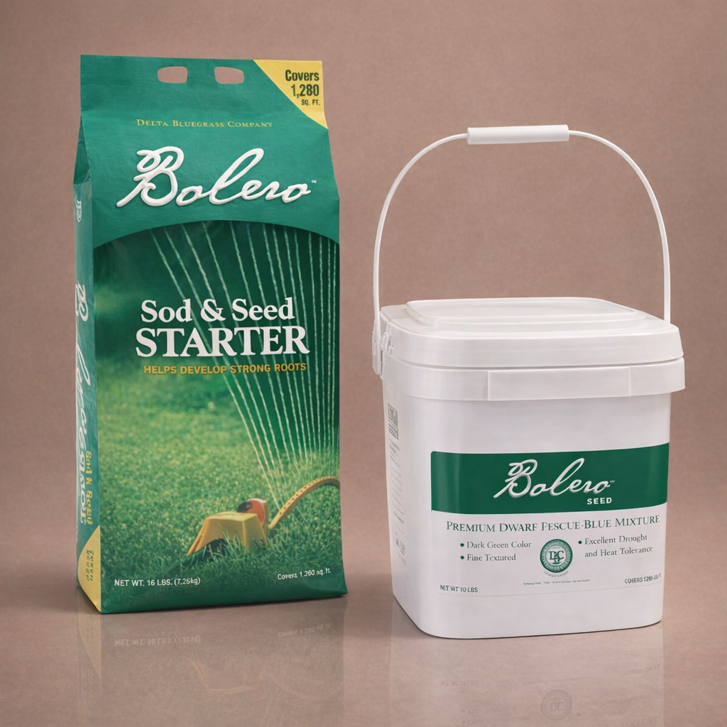 The Prep & Sow Kit: Bolero Sod and Seed Starter bag beside the 10 lb Bolero Plus seed caddie