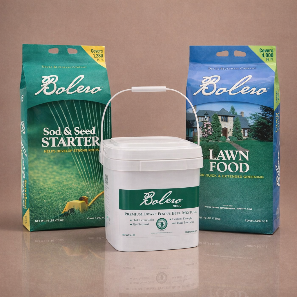 The Dream Lawn System: Bolero Sod and Seed Starter, Bolero Plus seed caddie, and Bolero Lawn Food together